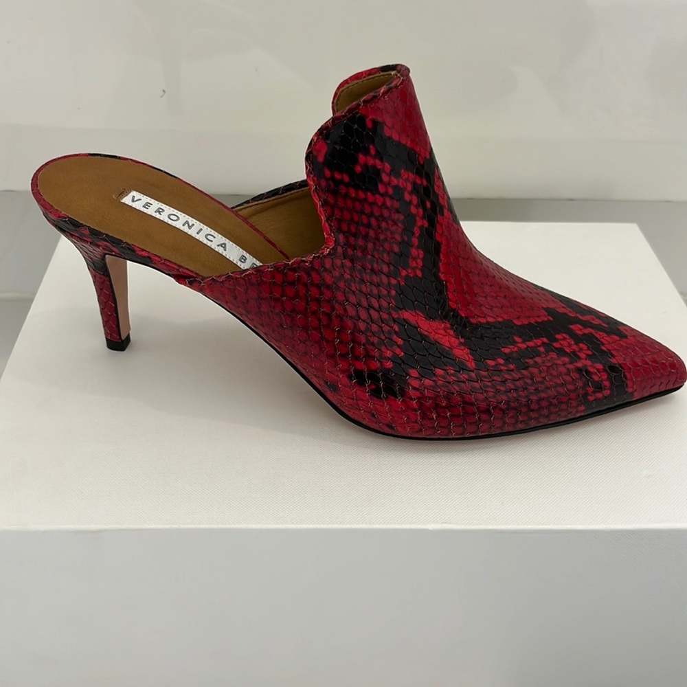 Veronica Beard Pearla Snake Embossed Leather Red And Black Mules